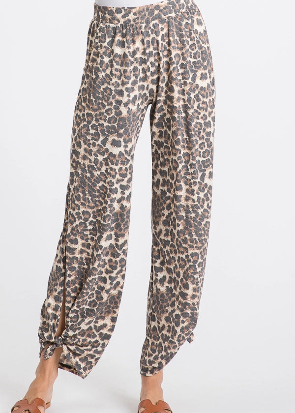 Leopard Print Split Side Ankle Tie Pants