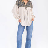 Camo Color Block Hooded Button Top