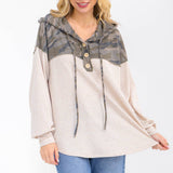 Camo Color Block Hooded Button Top