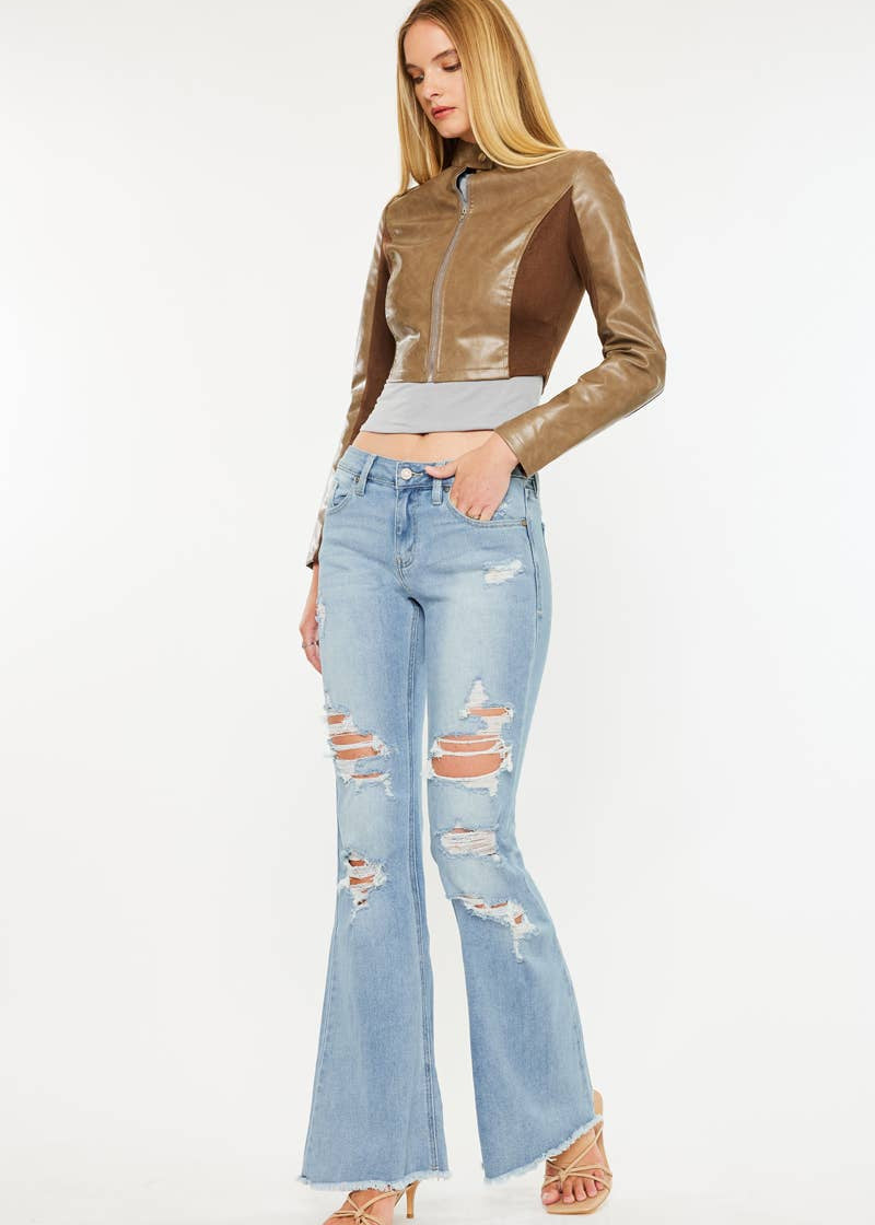 Mid Rise Distressed Flare Jeans