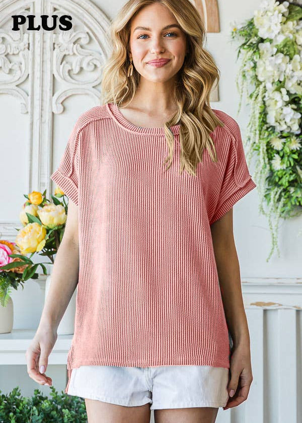 Ribbed Hi-Low Side Slit Tunic Top Plus Size.