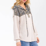 Camo Color Block Hooded Button Top