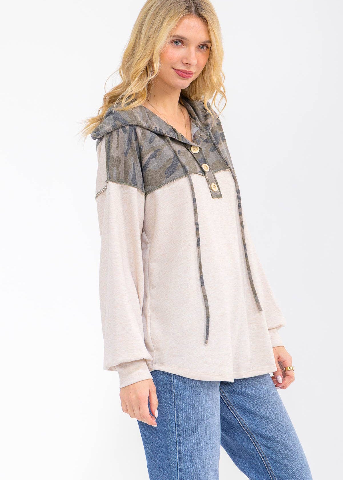 Camo Color Block Hooded Button Top