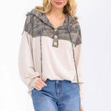 Camo Color Block Hooded Button Top