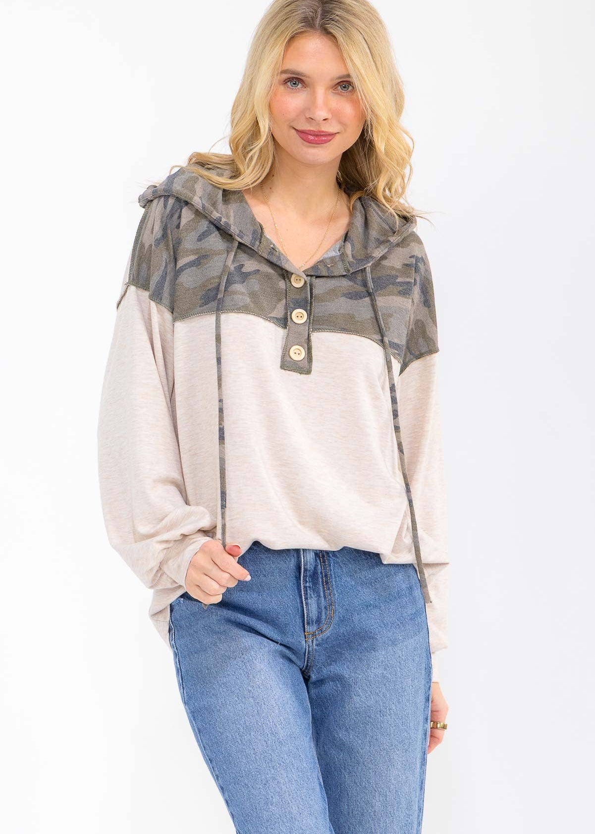 Camo Color Block Hooded Button Top