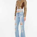 Mid Rise Distressed Flare Jeans