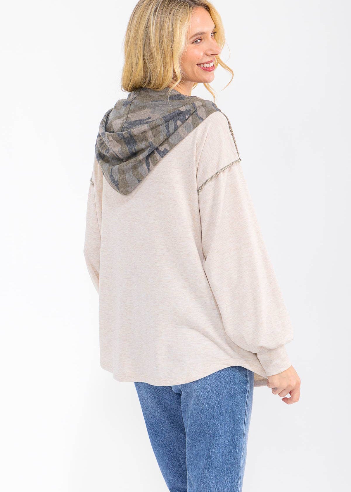 Camo Color Block Hooded Button Top