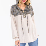 Camo Color Block Hooded Button Top