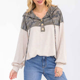 Camo Color Block Hooded Button Top