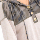 Camo Color Block Hooded Button Top