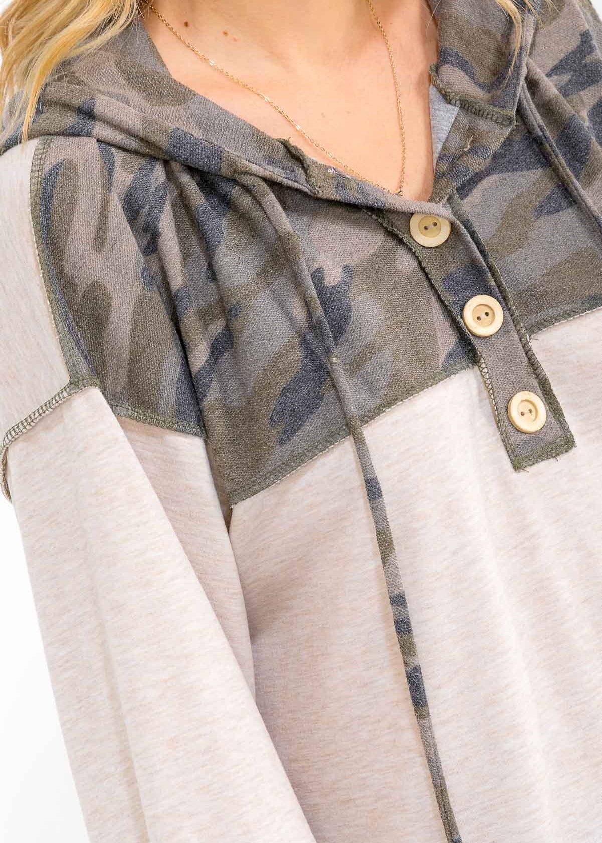 Camo Color Block Hooded Button Top